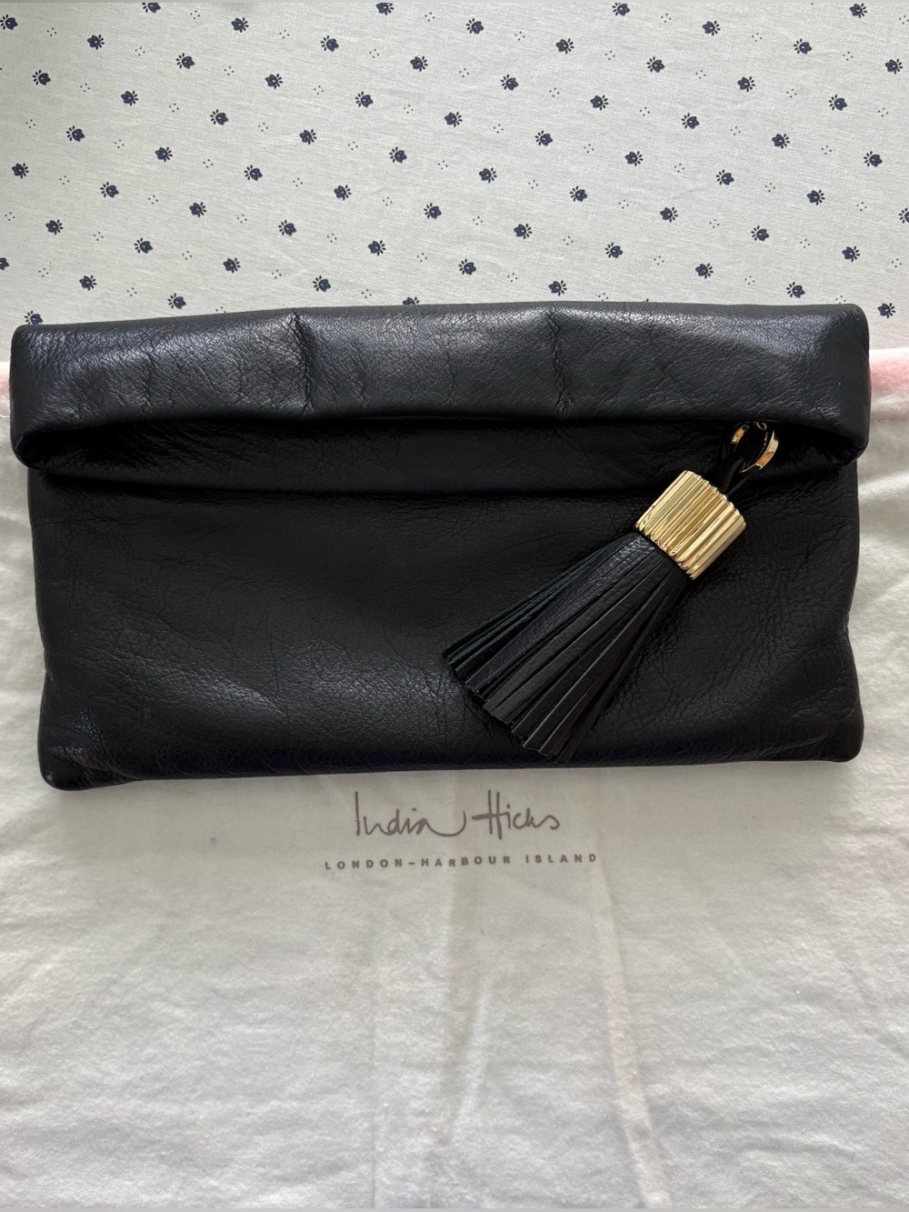 India Hicks Black Leather Tassel Clutch
